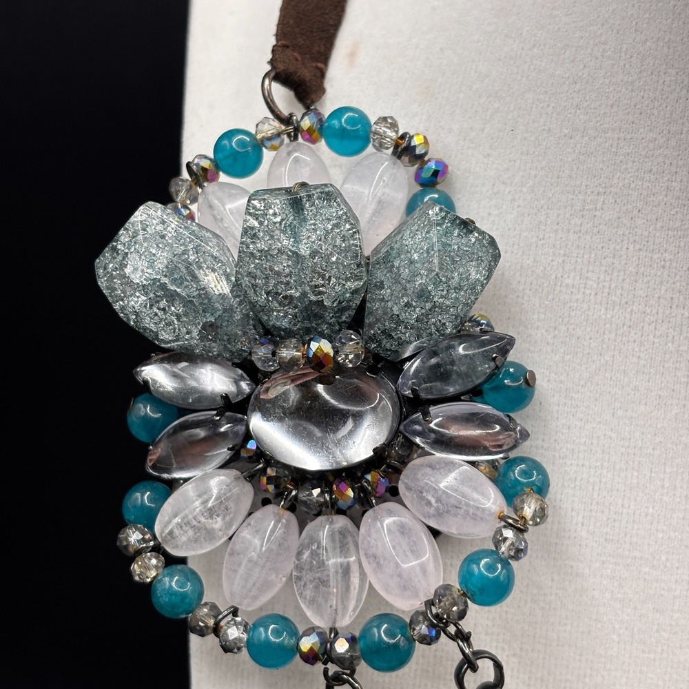 VTG Gunmetal Tone Green Crackle Quartz Style Bib Necklace Multi Chain Statement - Picture 3 of 10